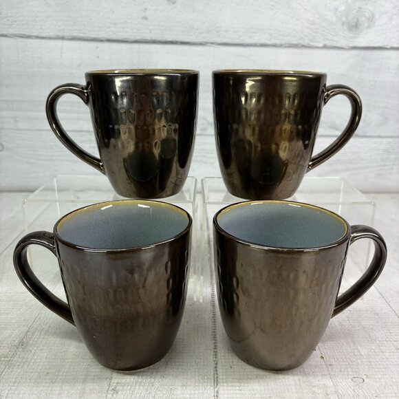 Food Network ANGELICA Blue Bronze Metallic Outside 16oz Stoneware Cup Mugs Set 4 - Picture 2 of 16